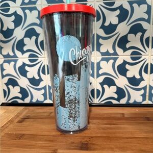Starbucks Tumbler with Red Lid and Blue Chicago Design